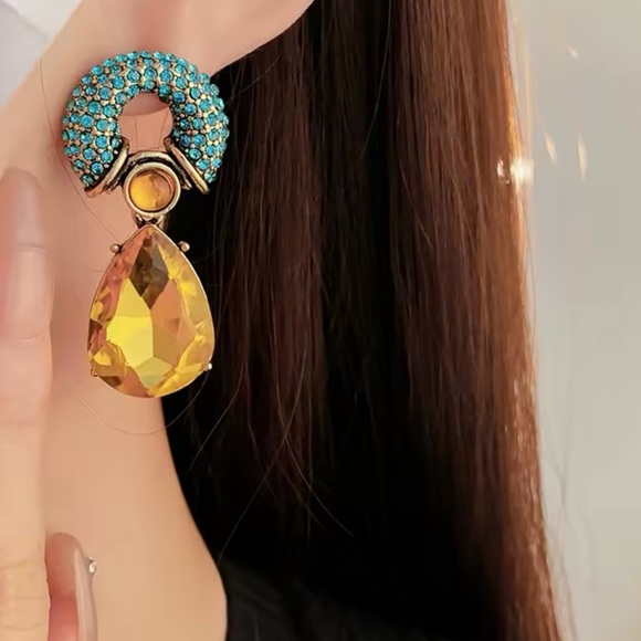 Bold Crystal Drop Earrings – Yellow Teardrop & Turquoise Studs - Picture 4 of 9